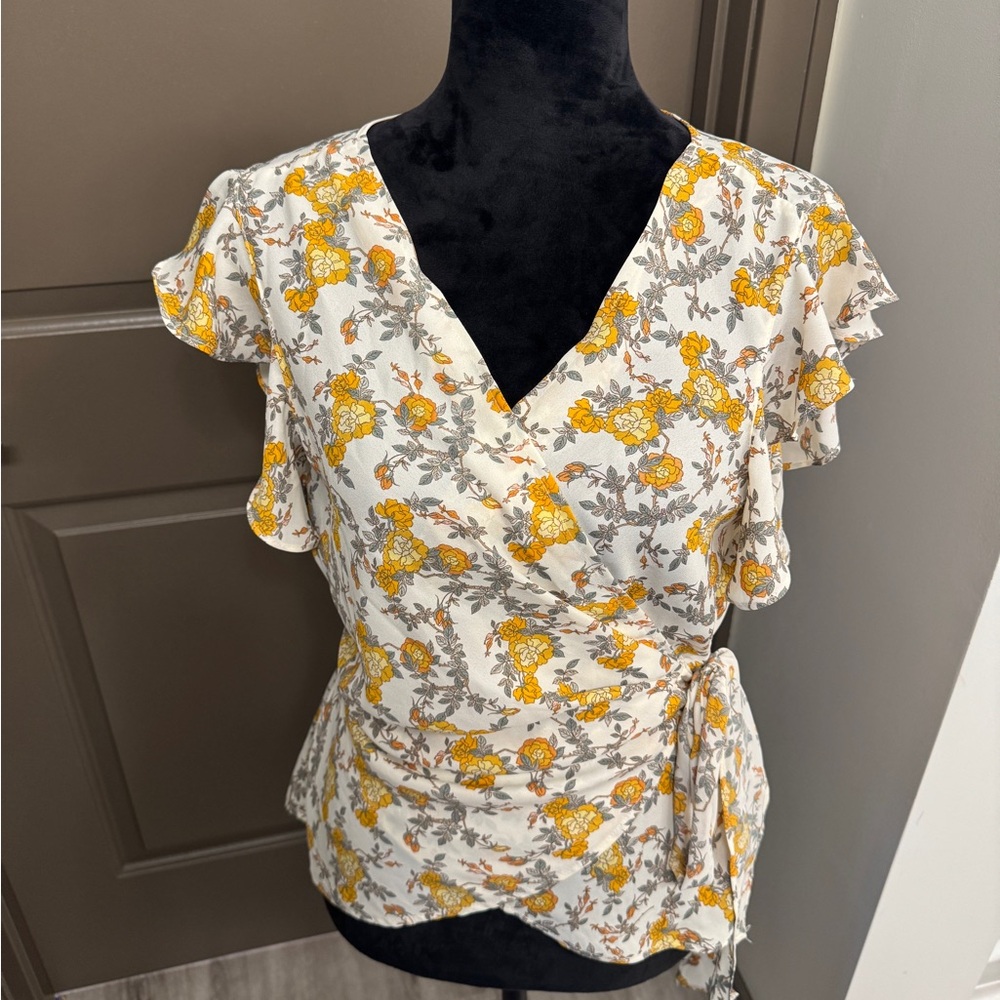 Floral Wrap Top - Yellow and Gray